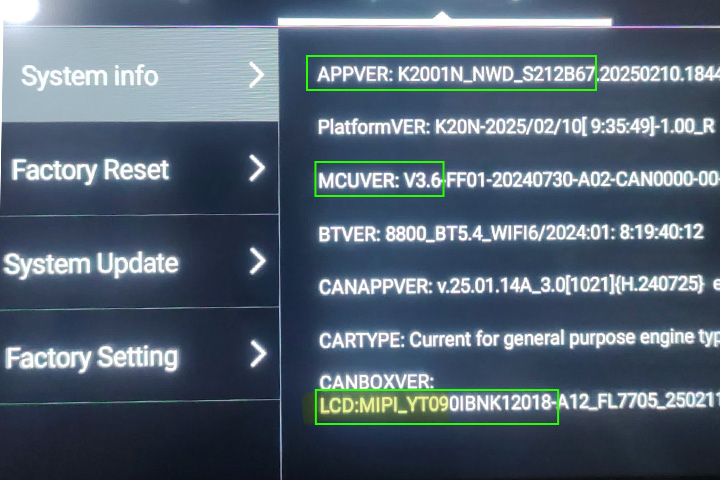 LCD: MIPI, MCUVER: V3.6/3.7, APPVER: K2001_NWD_S212B67.2025